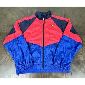 Vintage Champion Jacket Men's Medium Blue Red Colorblock Windbreaker Full Zip